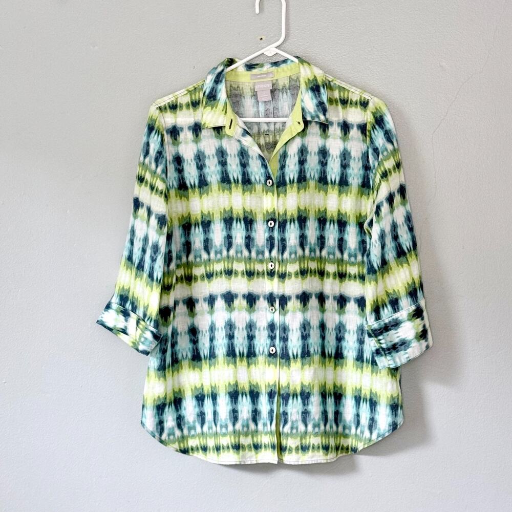 Chicos Linen Top US 8 Blue Green White 3/4 Length Cuff Sleeves Colorful Blouse